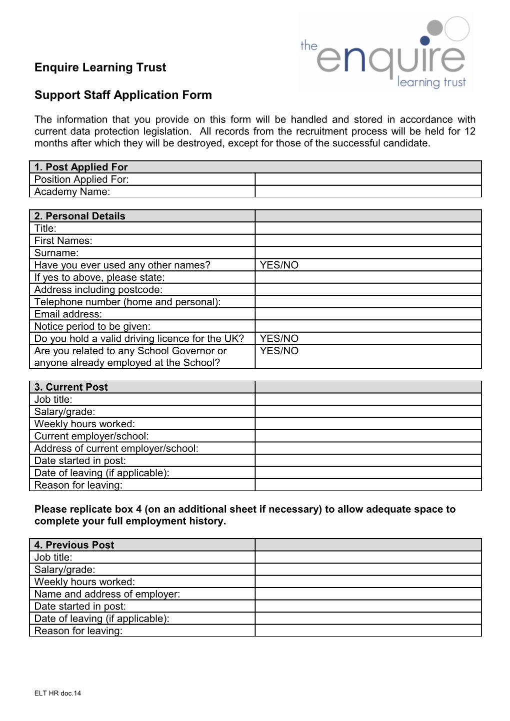 Support Staff Application Form