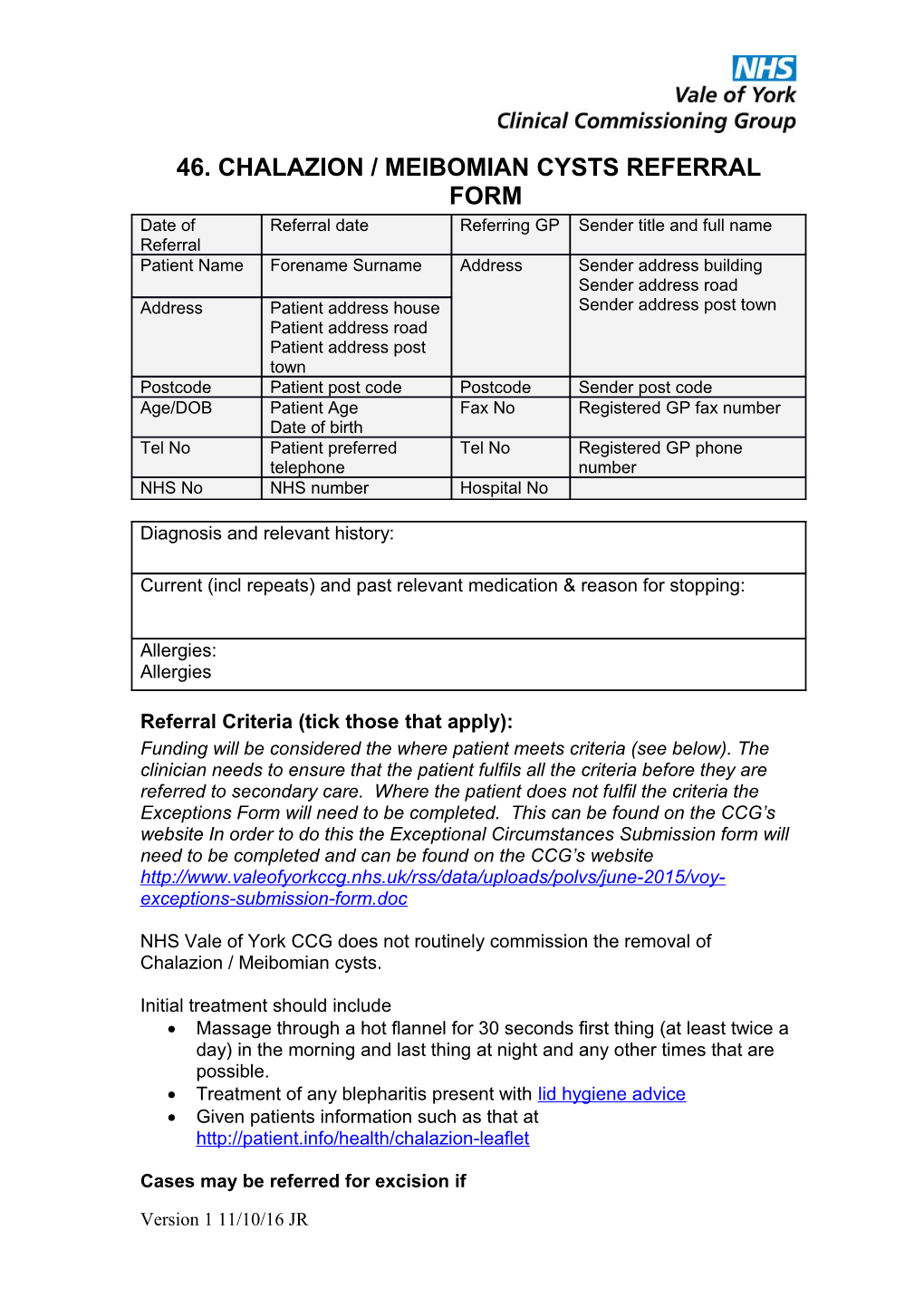 Procedures of Limited Clinical Value Referral Form