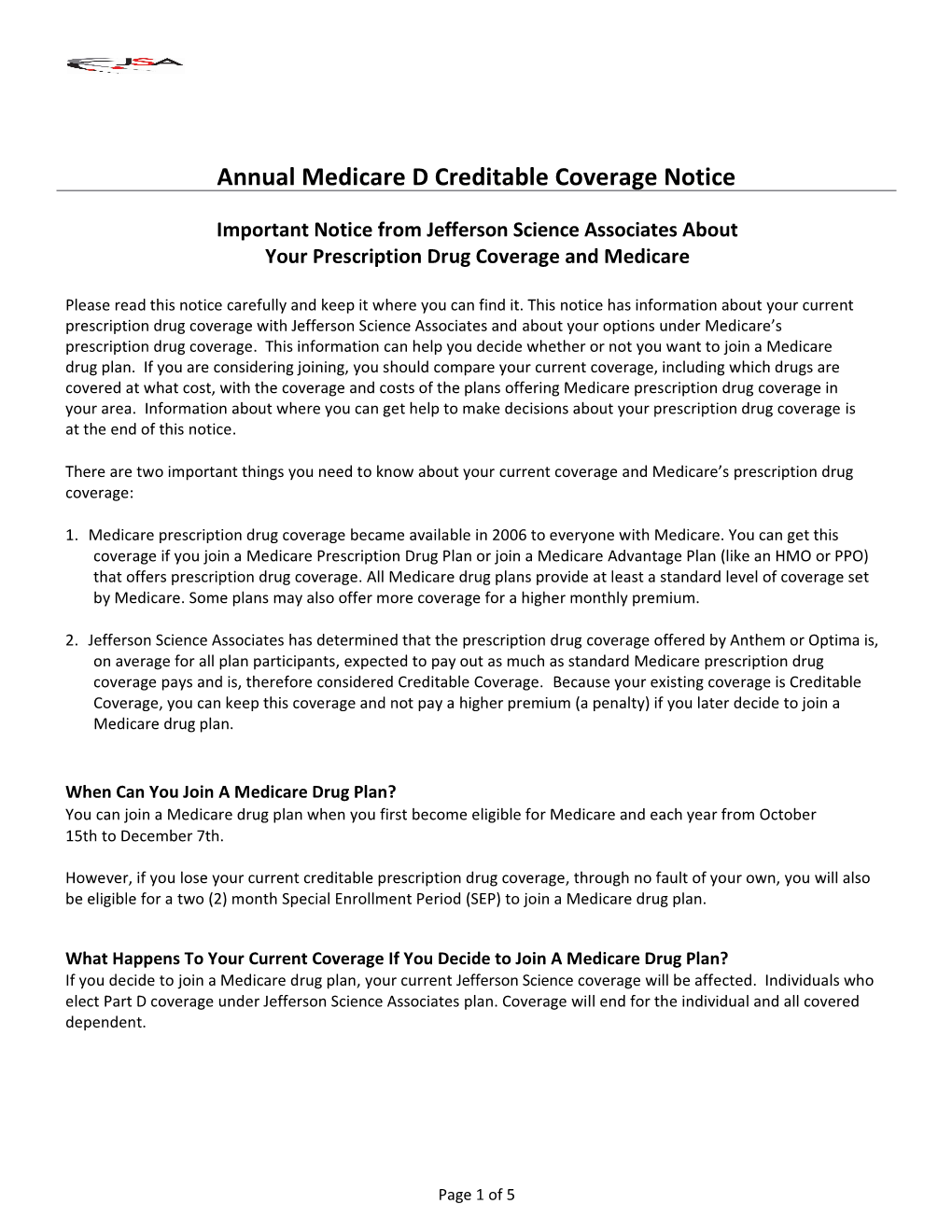 Annual Medicare D Creditable Coverage Notice