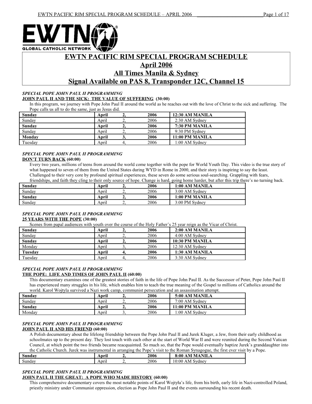 Ewtn Pacific Rim Special Program Schedule