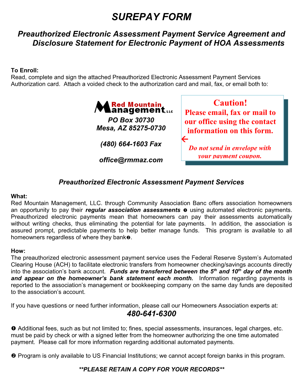 Preauthorized Electronic Assessment Payment Services