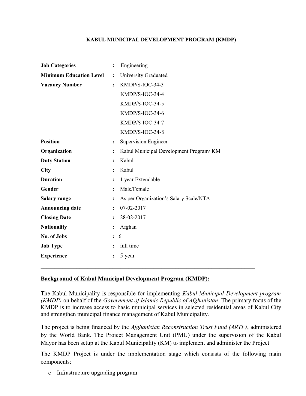 Kabul Municipal Development Program(Kmdp)