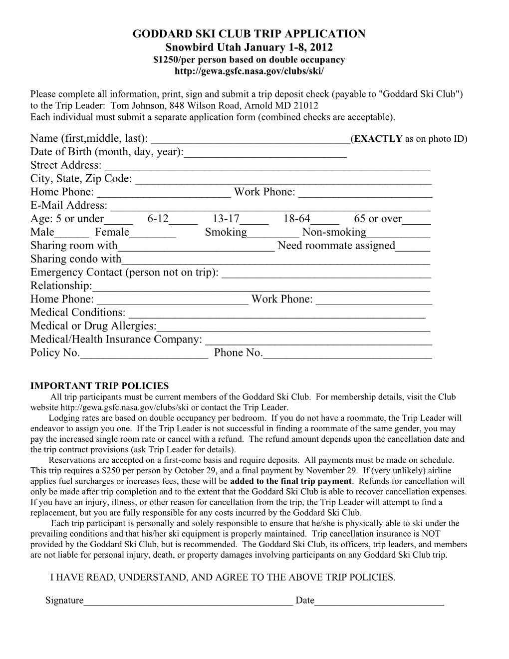 Goddard Ski Club 2002-2003 Trip Application