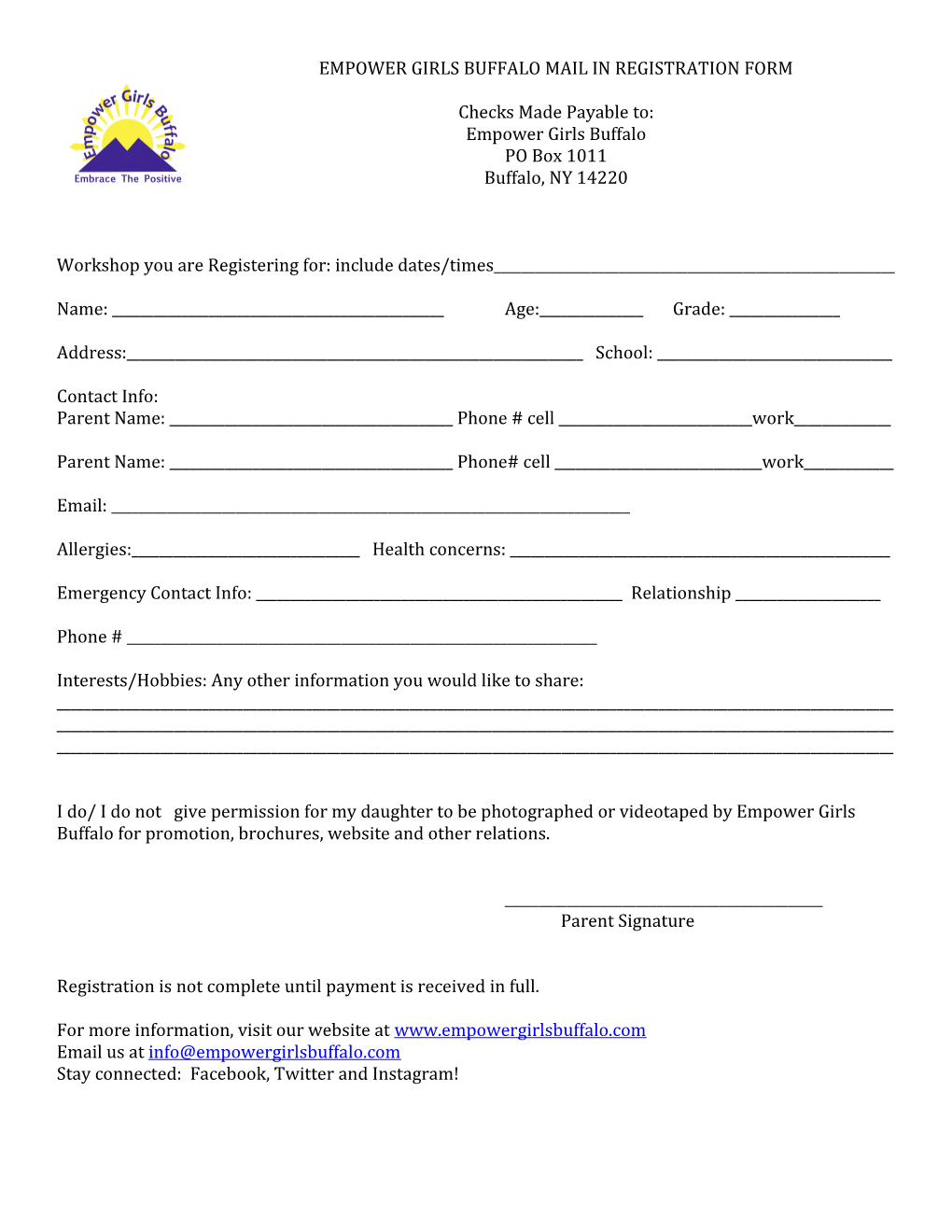 Empower Girls Buffalo Mail in Registration Form