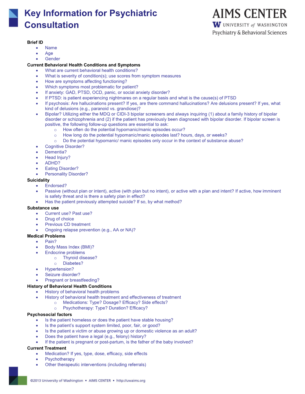 Current Behavioral Health Conditions and Symptoms