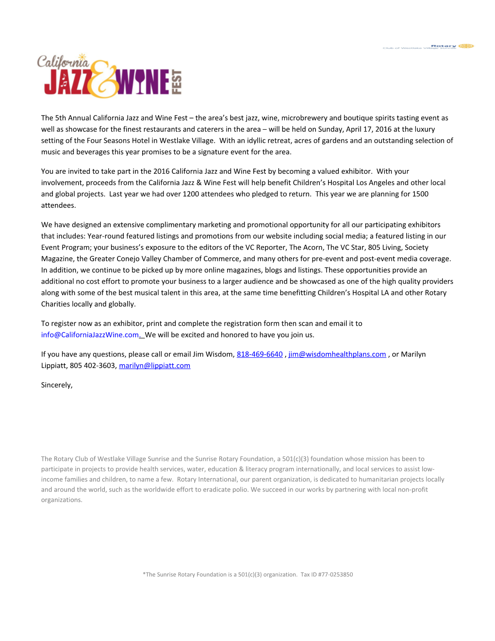 You Are Invited to Take Part in the 2016 California Jazz and Wine Fest by Becoming a Valued