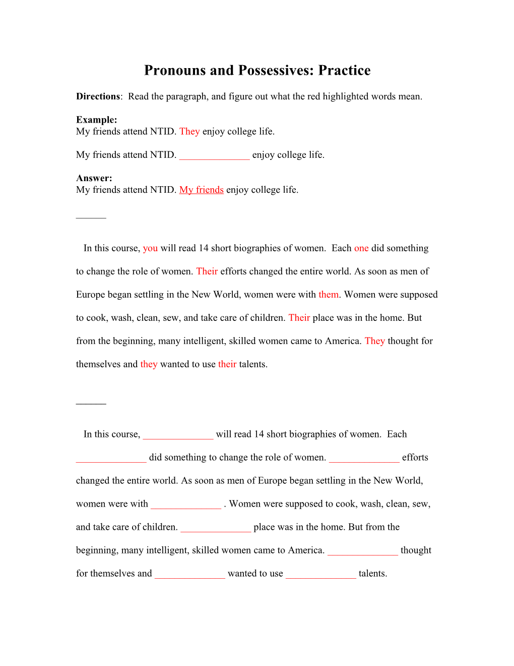 Practice: Pronouns and Possessives