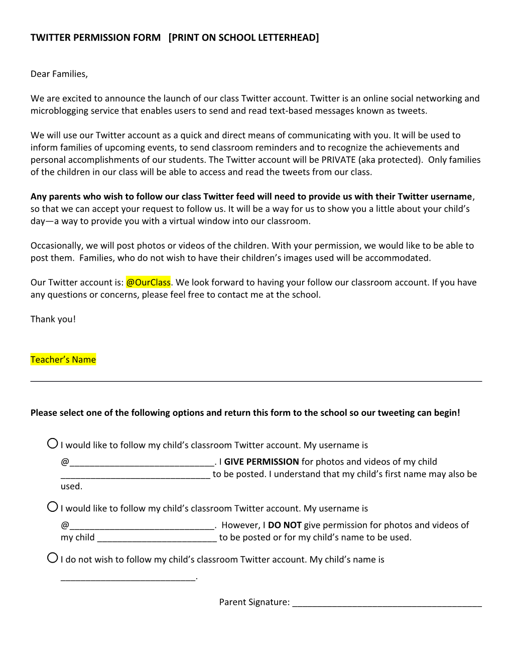 Twitter Permission Form Print on School Letterhead