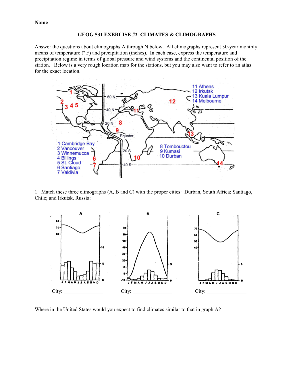 Geog 431/531 In-Class Exercise #2 Climates & Climographs