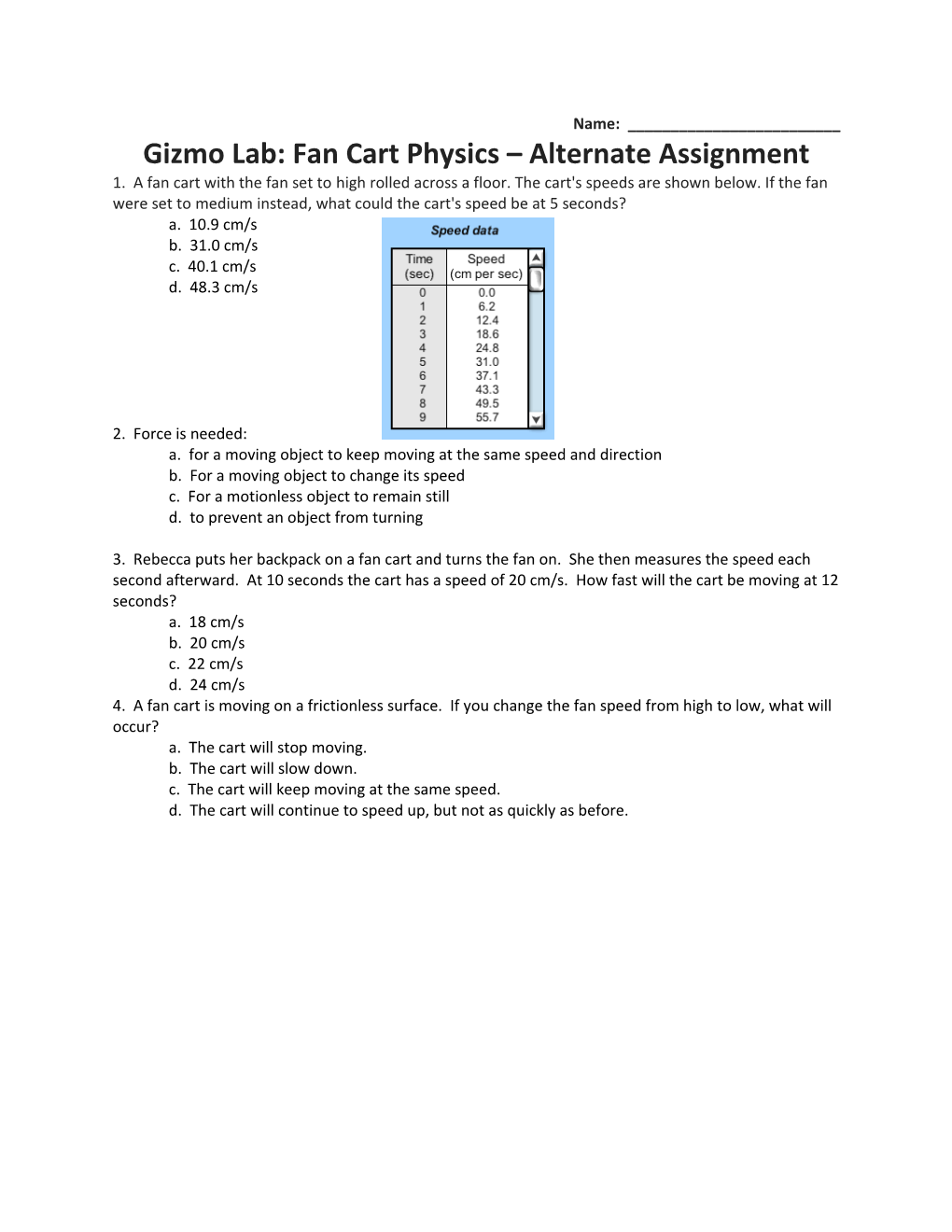 Gizmo Lab: Fan Cart Physics Alternate Assignment