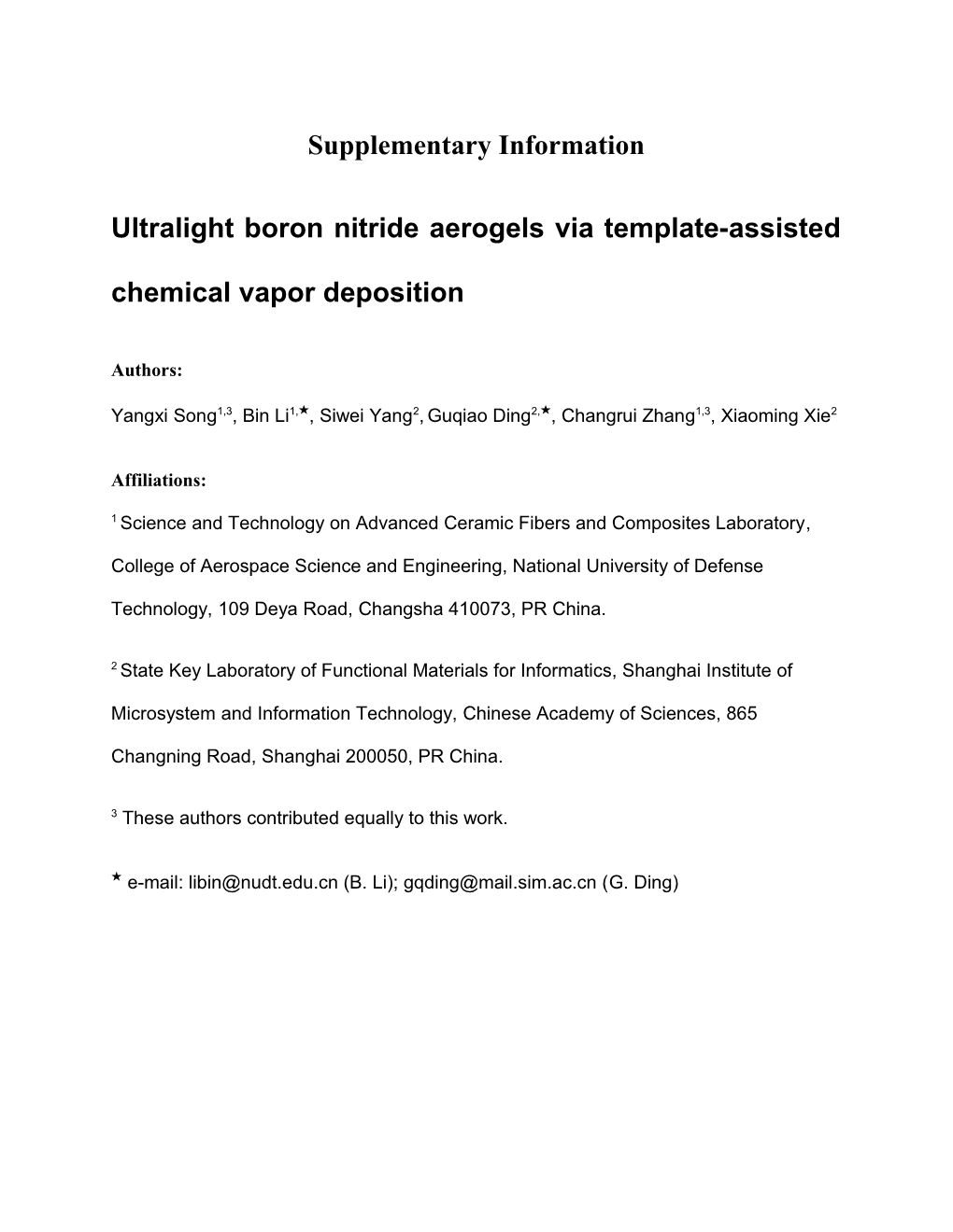 Ultralight Boron Nitride Aerogels Via Template-Assisted Chemical Vapor Deposition