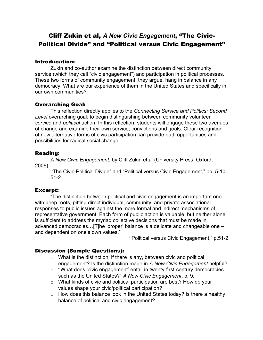 Cliff Zukin Et Al, a New Civic Engagement, the Civic-Political Divide and Political Versus