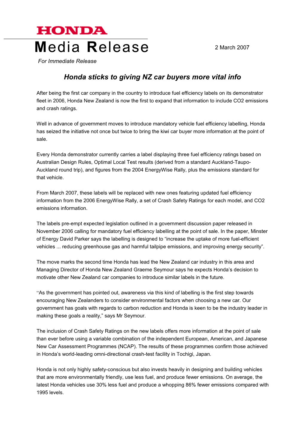 Honda Sticks to Giving NZ Car Buyers More Vital Info