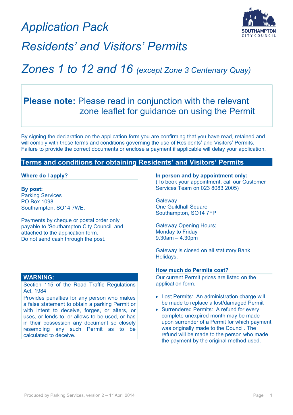 Zones 1 to 12 and 16 Parking Permit Application for Residents and Visitors