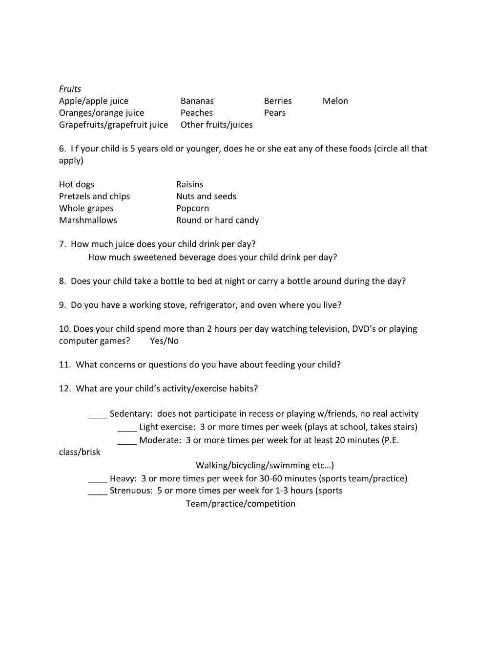 Pediatric Nutrition Questionnaire
