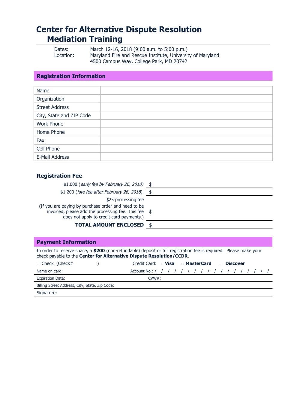 Registration Form Mediation Training (40 Hours)