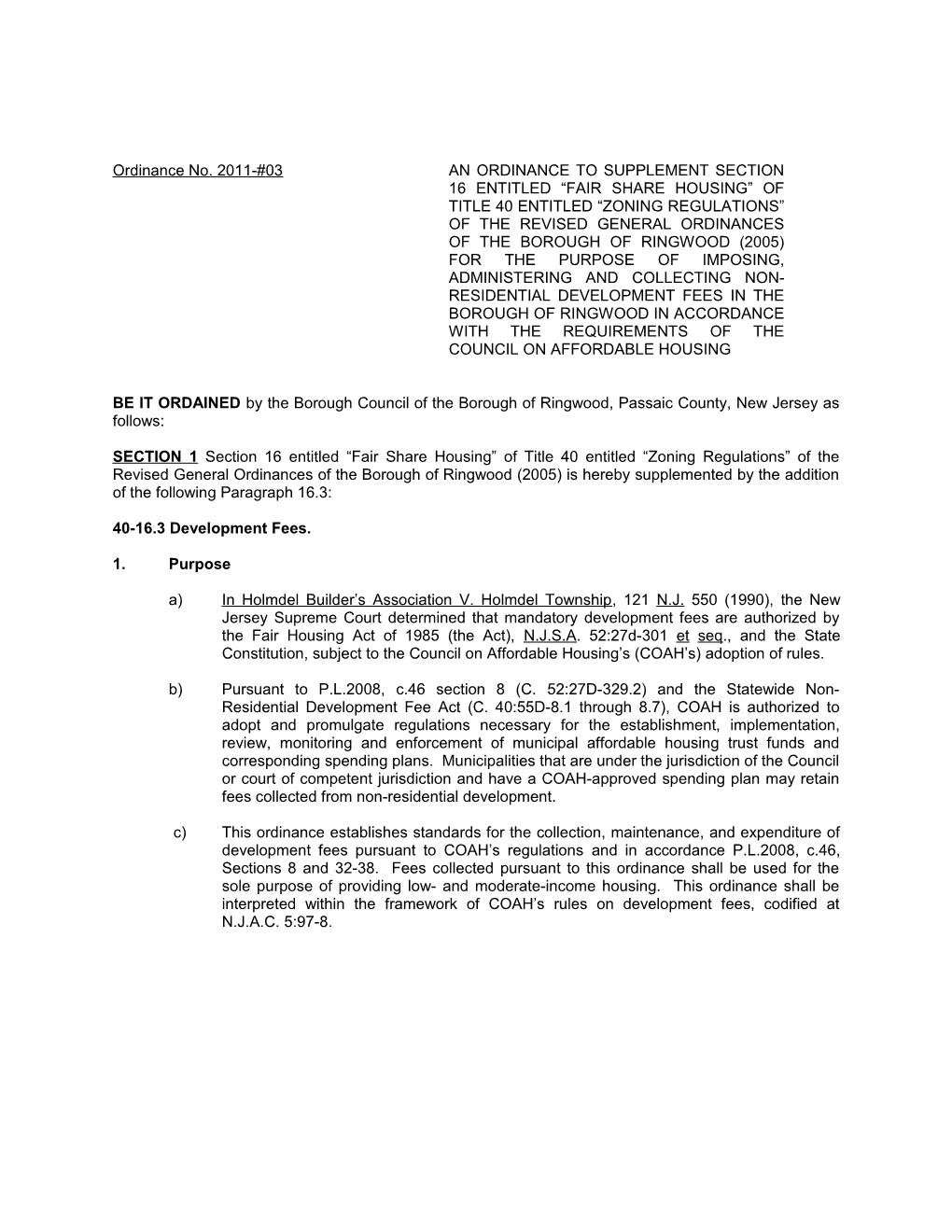 Ordinance No. 2011-#03 an ORDINANCE to SUPPLEMENT SECTION 16 ENTITLED FAIR SHARE HOUSING