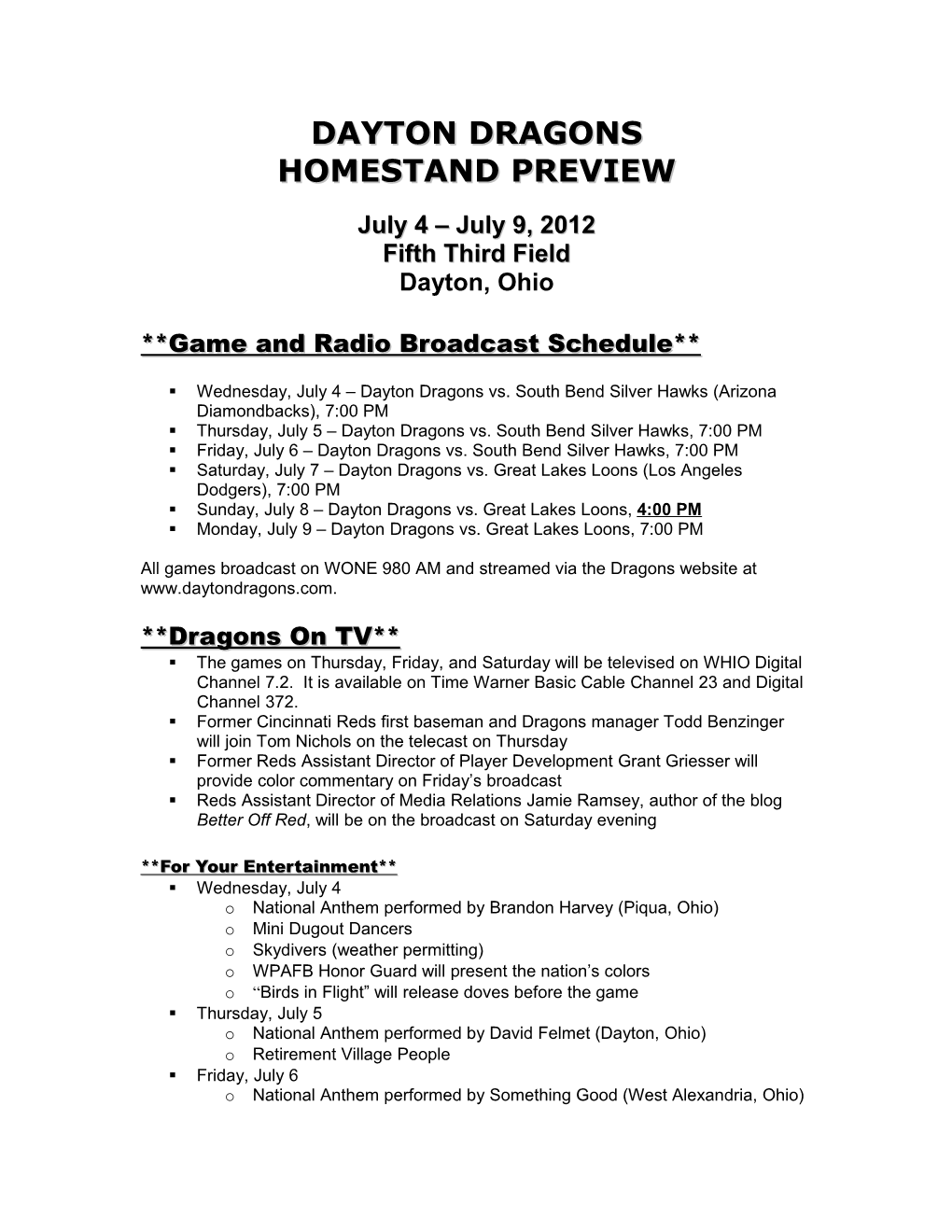 Game and Radio Broadcast Schedule