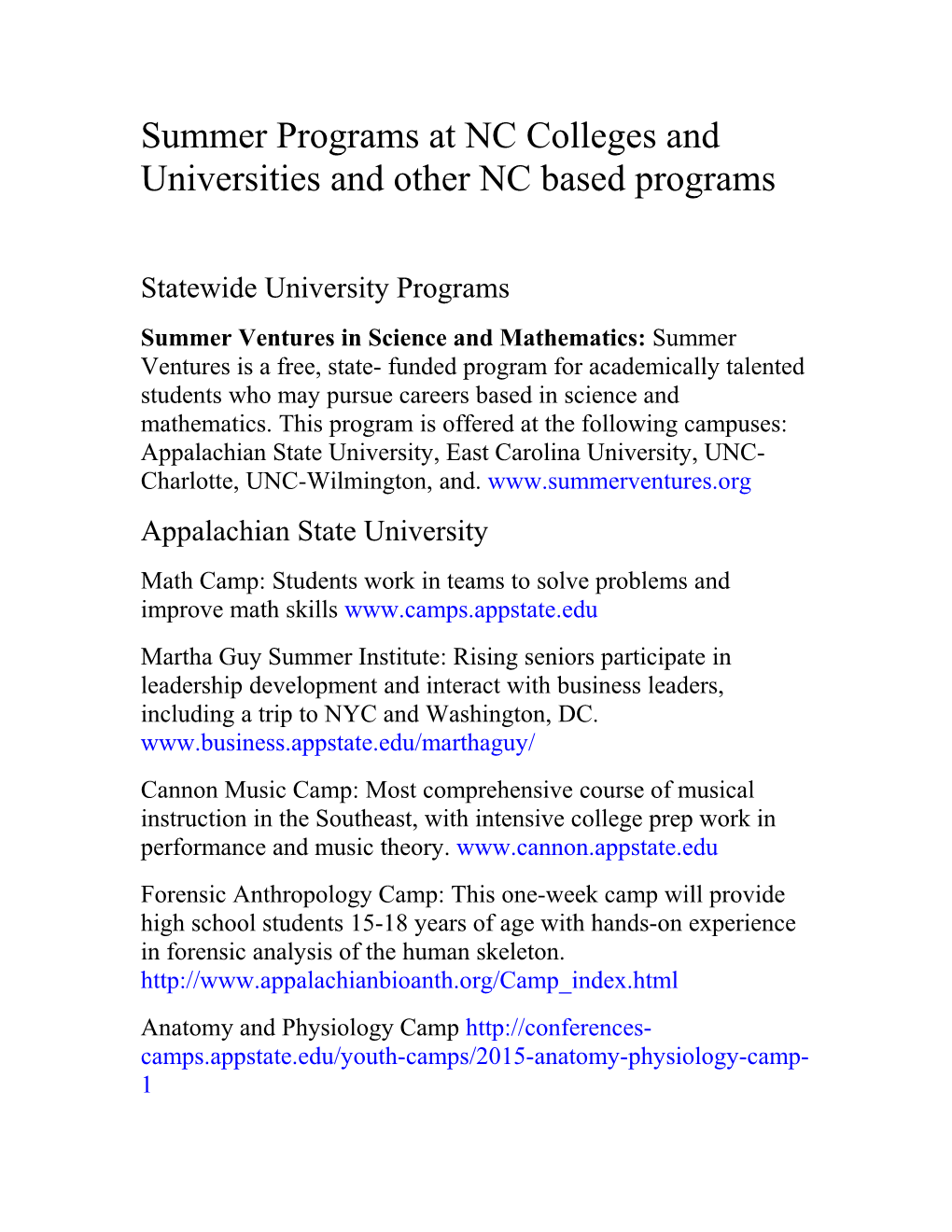 Summer Programs at NC Colleges and Universities and Other NC Based Programs