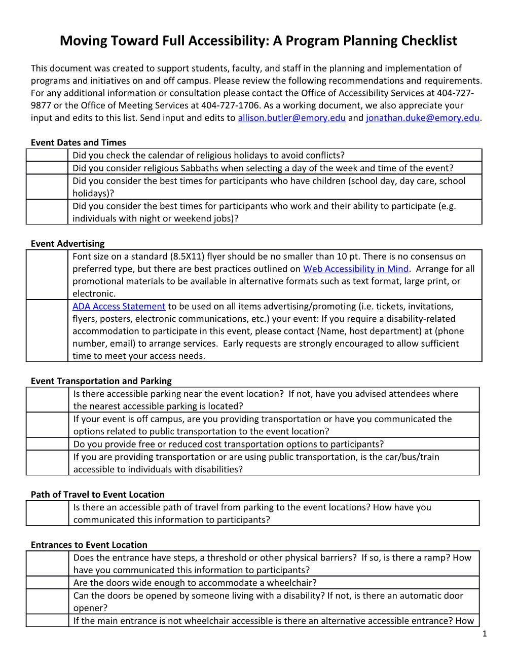 Moving Toward Full Accessibility: a Program Planning Checklist