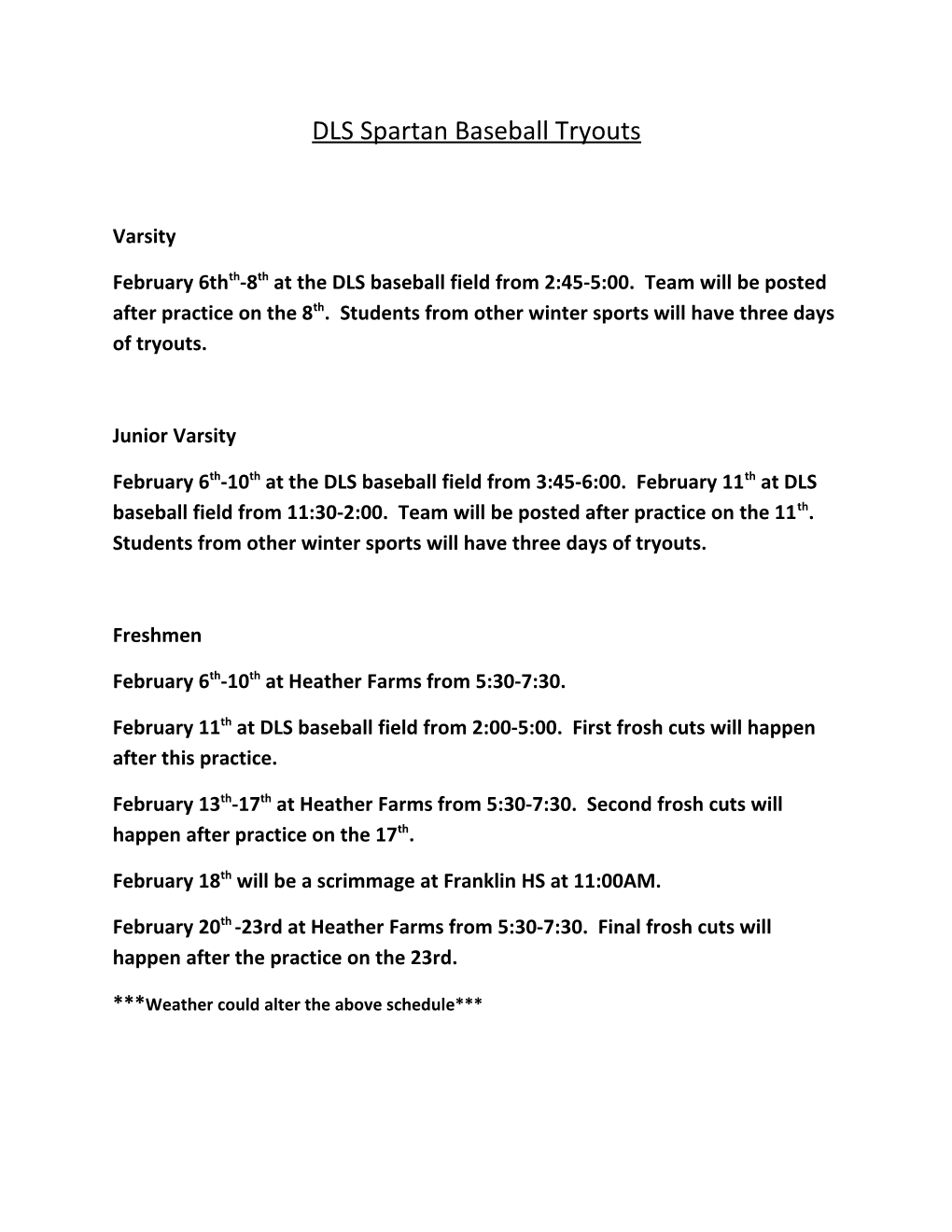 DLS Spartan Baseball Tryouts