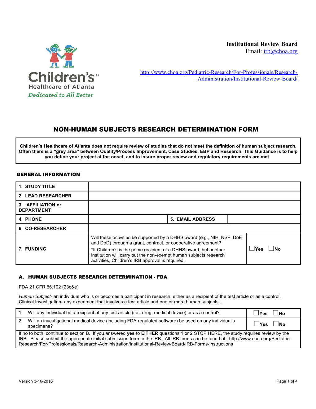 Non-Human Subjects Research Determination Form