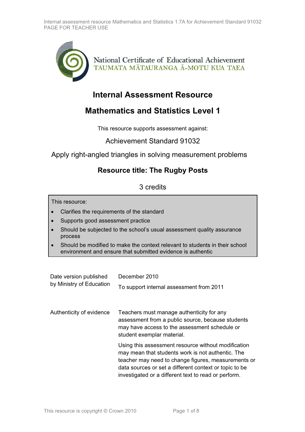 Level 1 Mathematics & Statistics Internal Assessment Resource