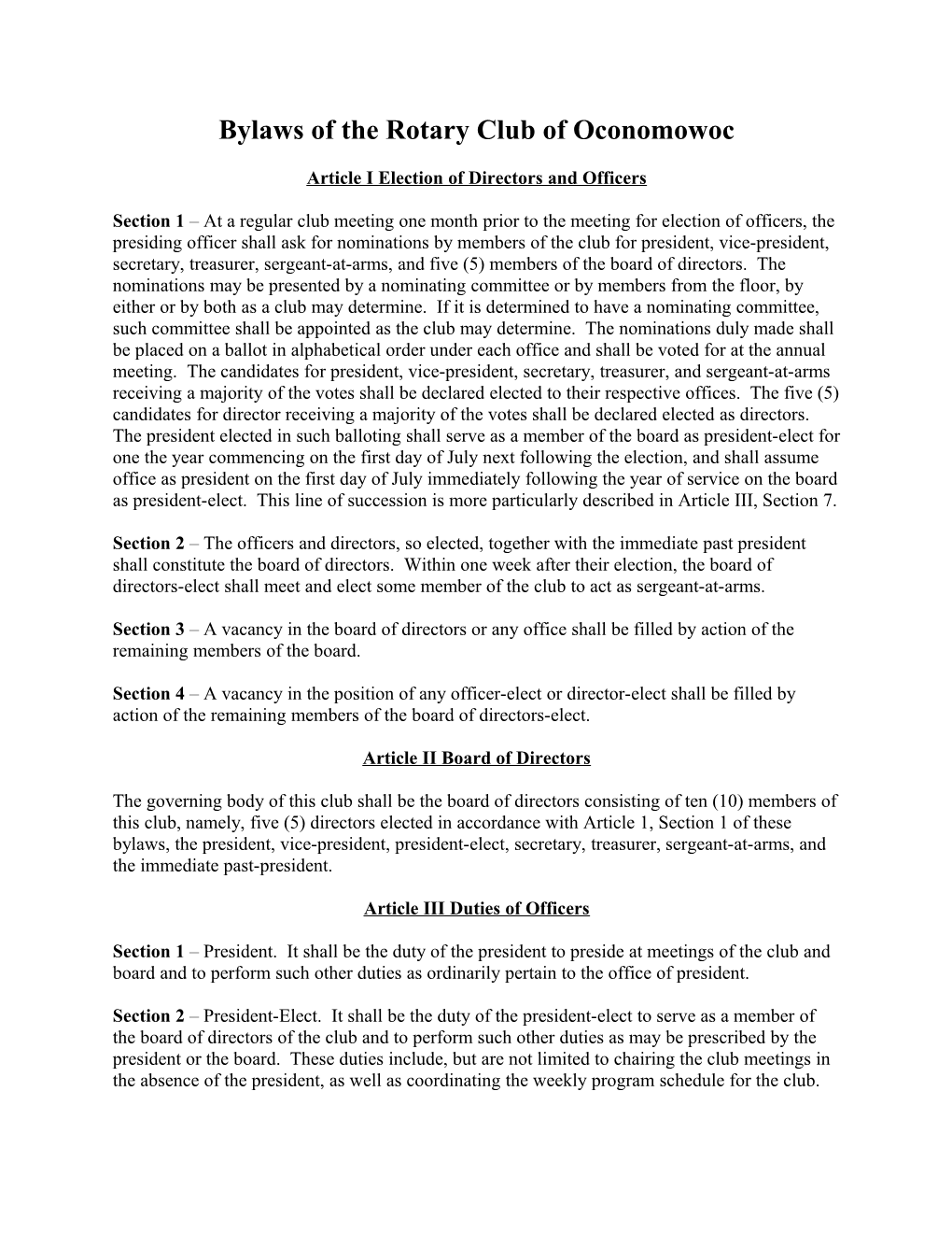 Bylaws of the Rotary Club of Oconomowoc