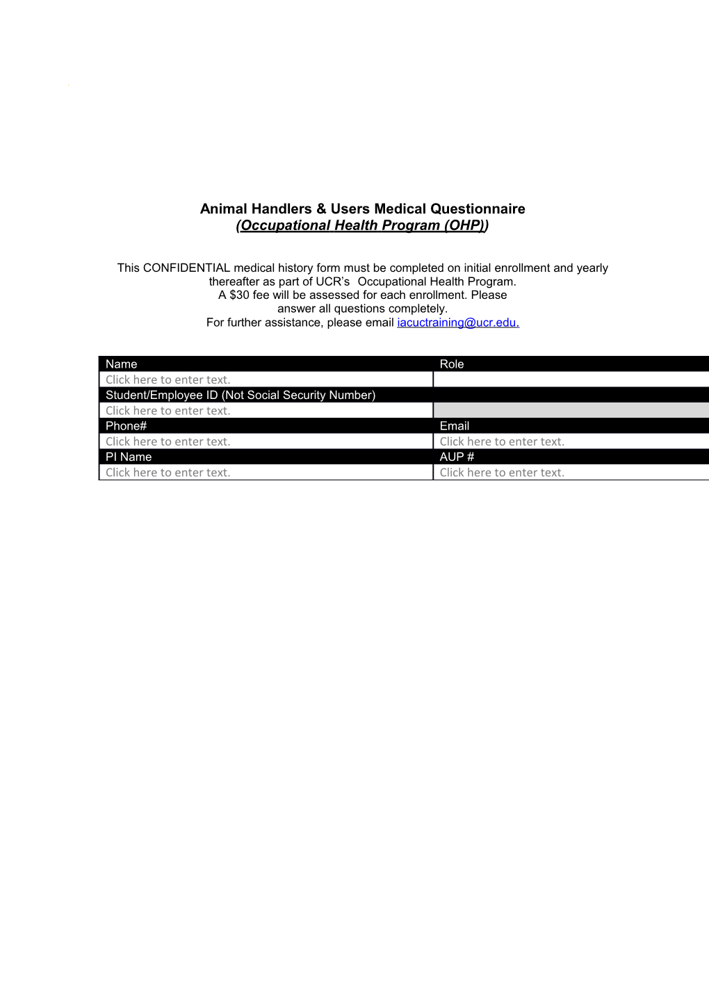 Animal Handlers & Users Medical Questionnaire
