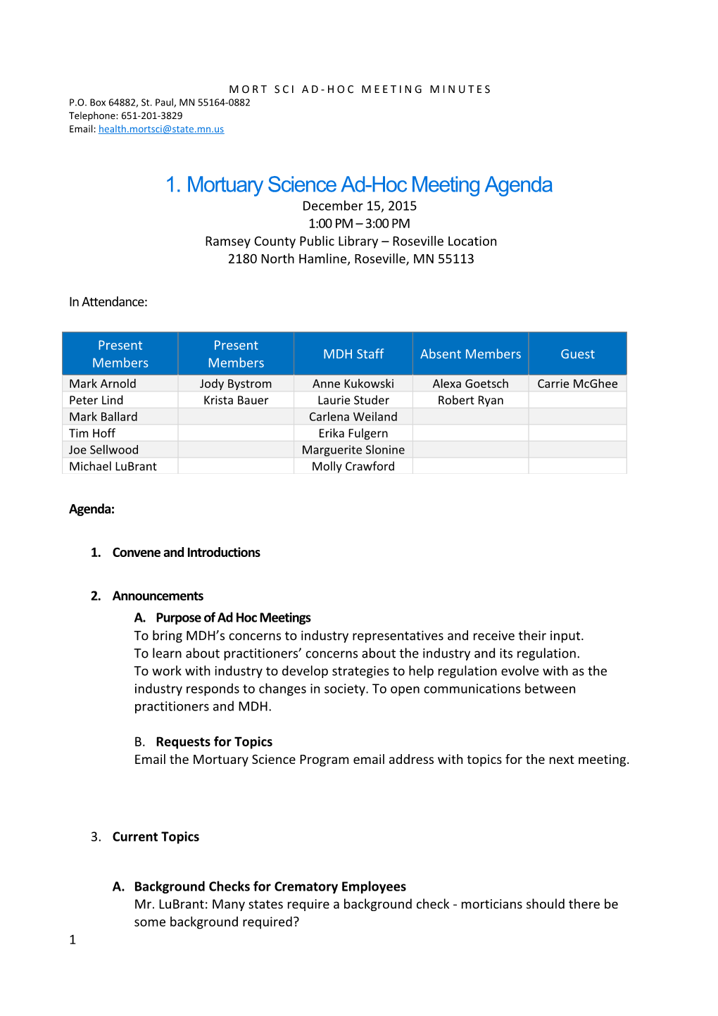 Mortuary Science Ad-Hoc Meeting Minutes for 12-15-15 Meeting