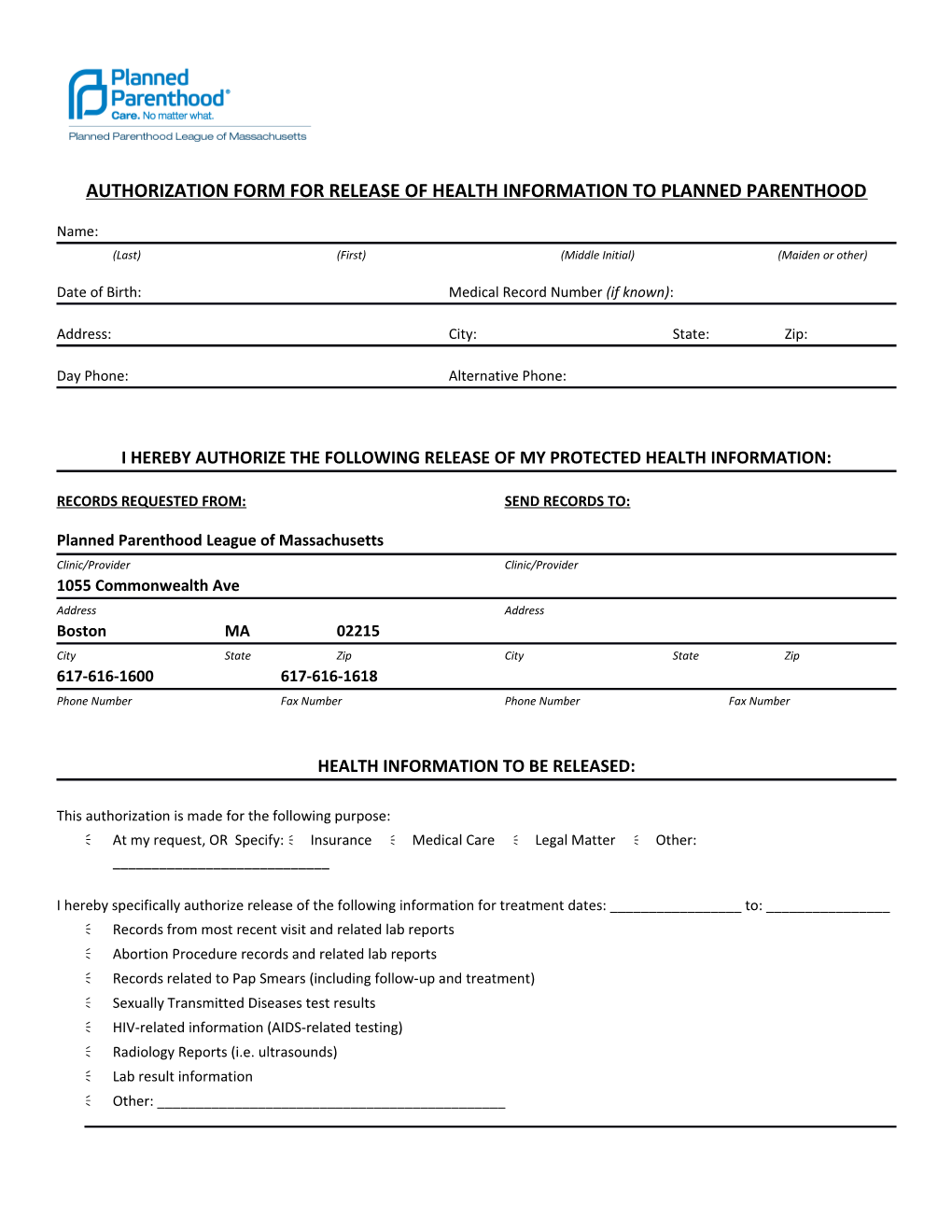 Authorization Form for Release of Health Information to Planned Parenthood