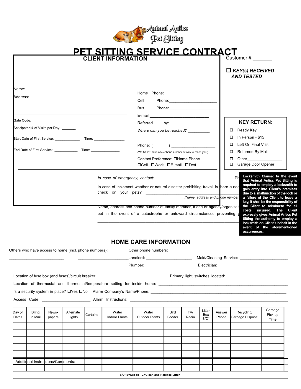 Pet Sitting Service Contract