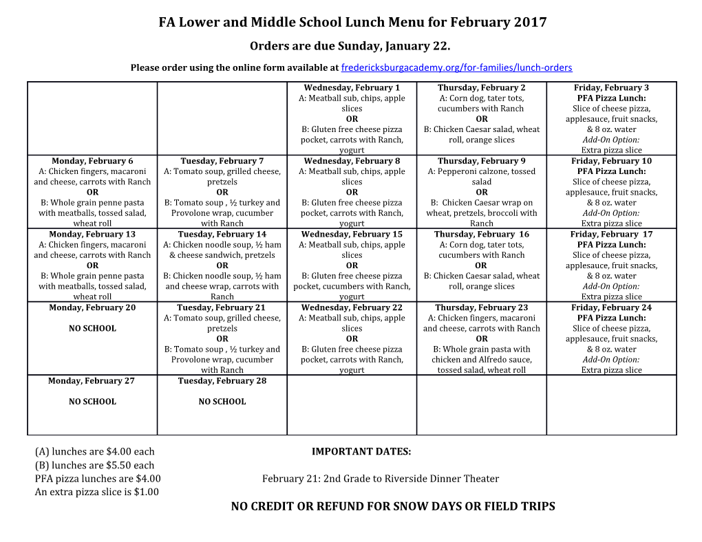 FA Lower and Middle School Lunch Menu for February 2017