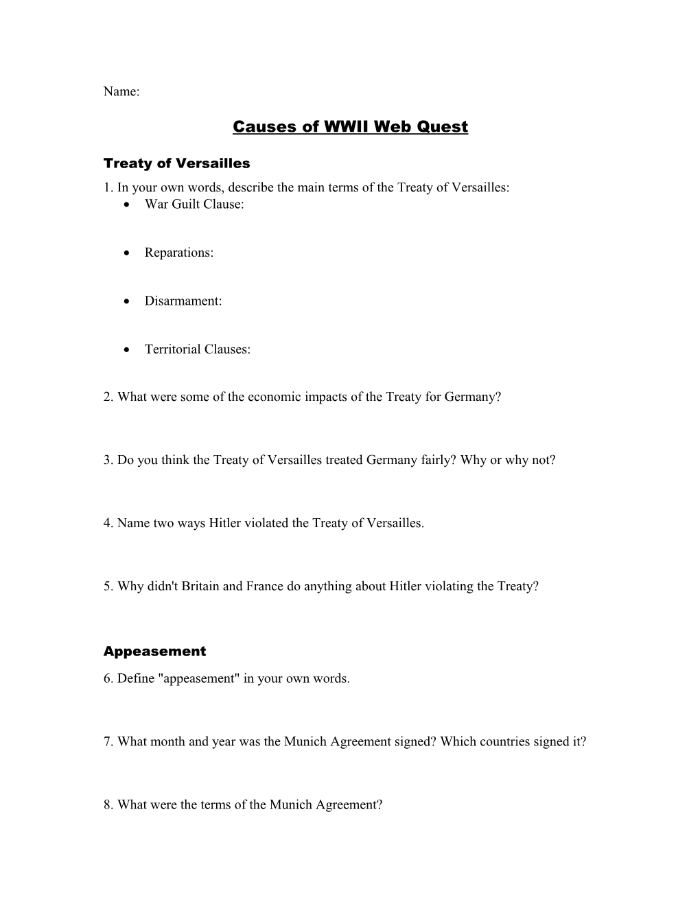 Causes of WWII Web Quest