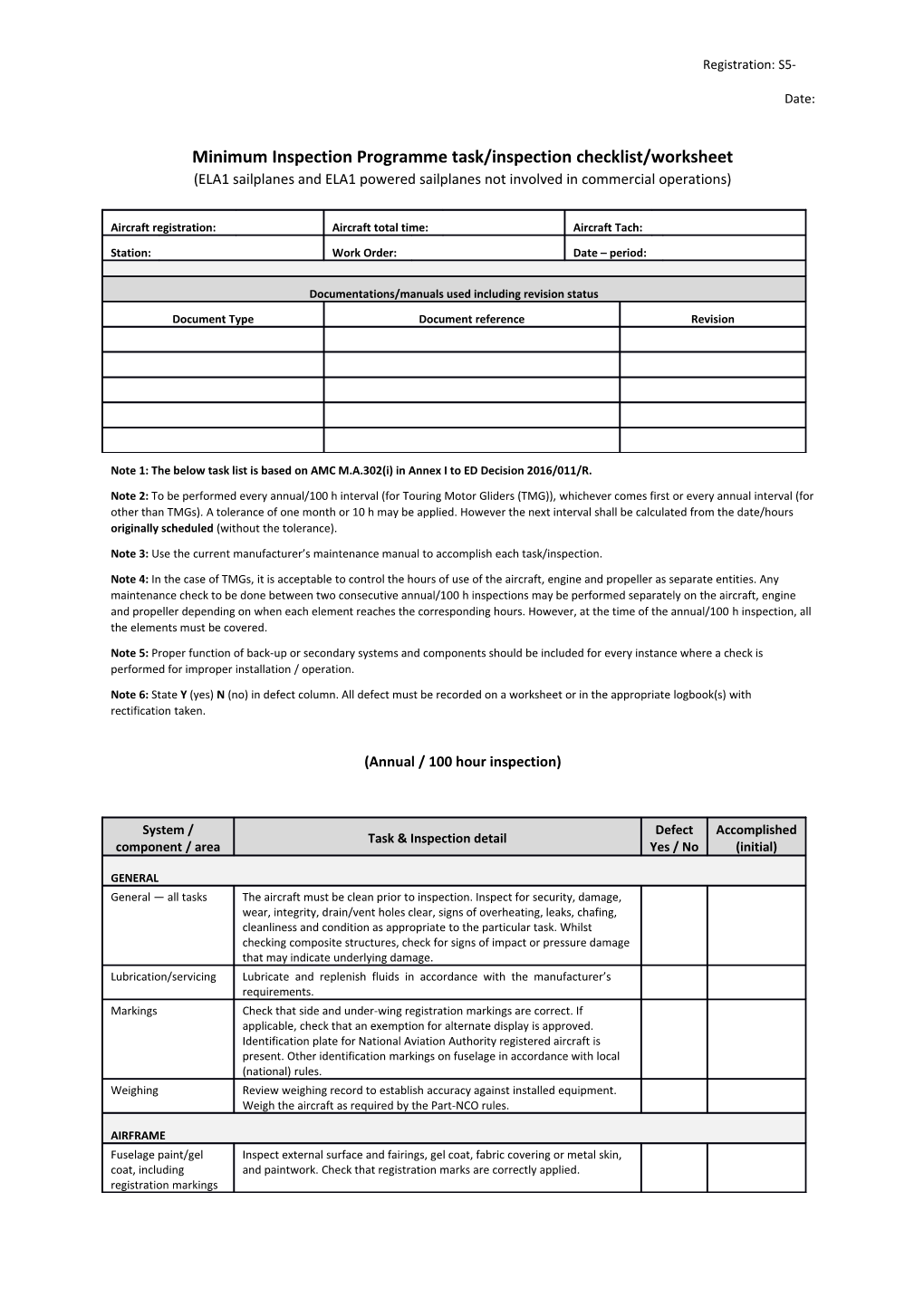 Minimum Inspection Programme Task/Inspection Checklist/Worksheet