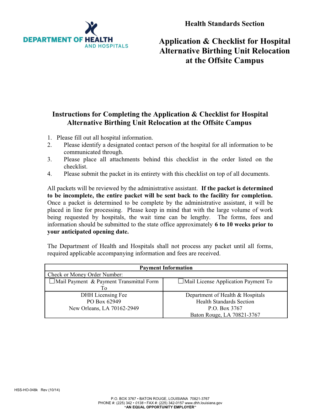 Application & Checklist for Hospital Alternative Birthing Unit Relocation at the Offsite Campus