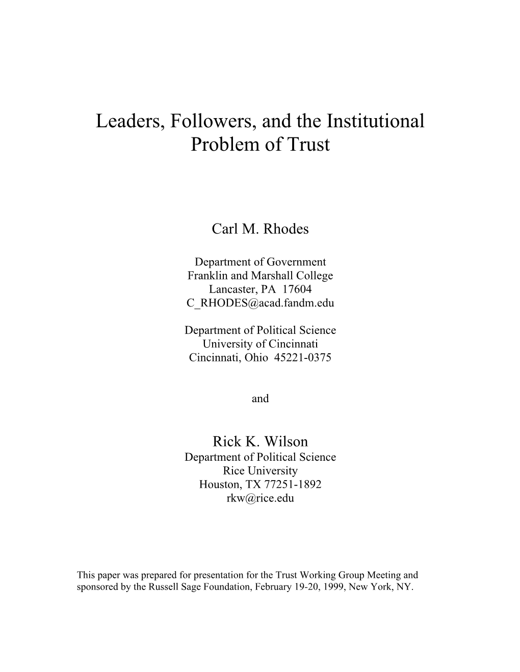 Leaders, Followers, and the Institutional Problem of Trust
