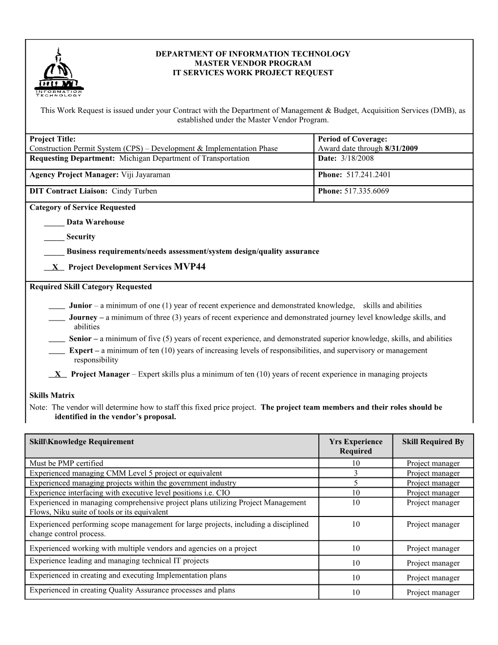 Department of Information Technology Master Vendor Program It Services Work Project Request