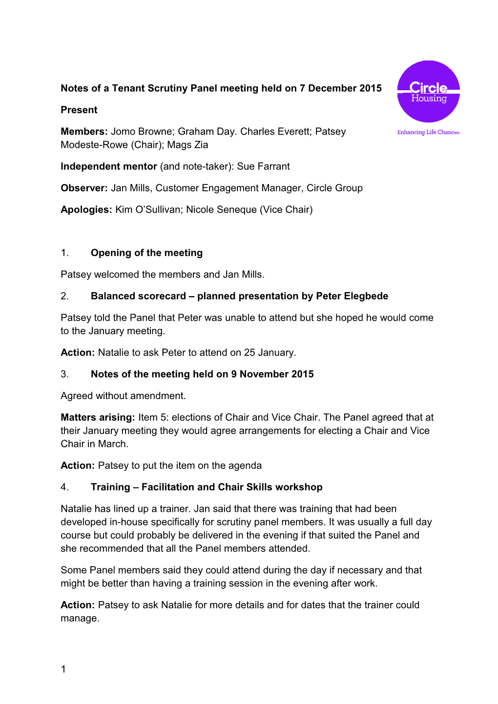 Notes of a Tenant Scrutiny Panel Meeting Held on 7December2015