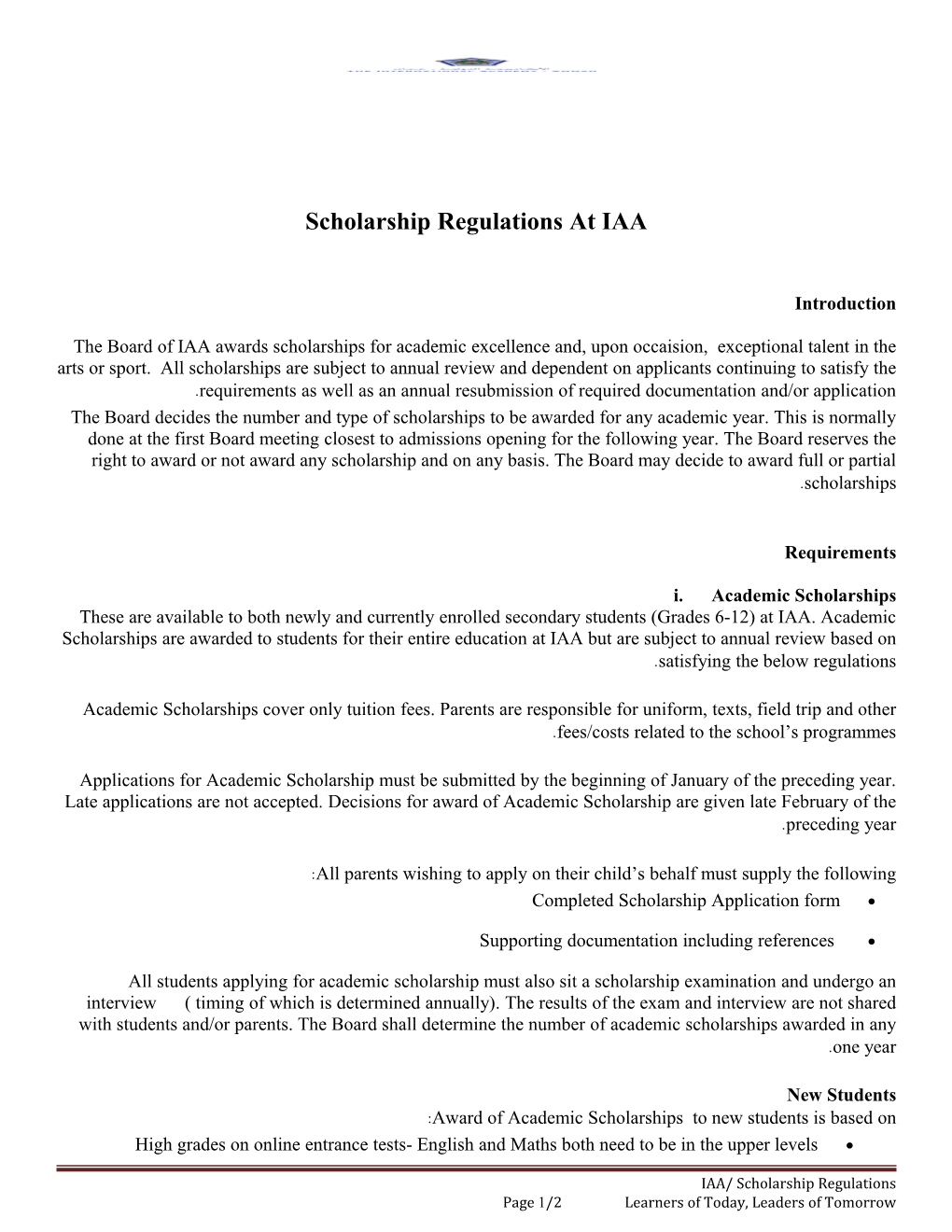 Scholarship Regulations at IAA