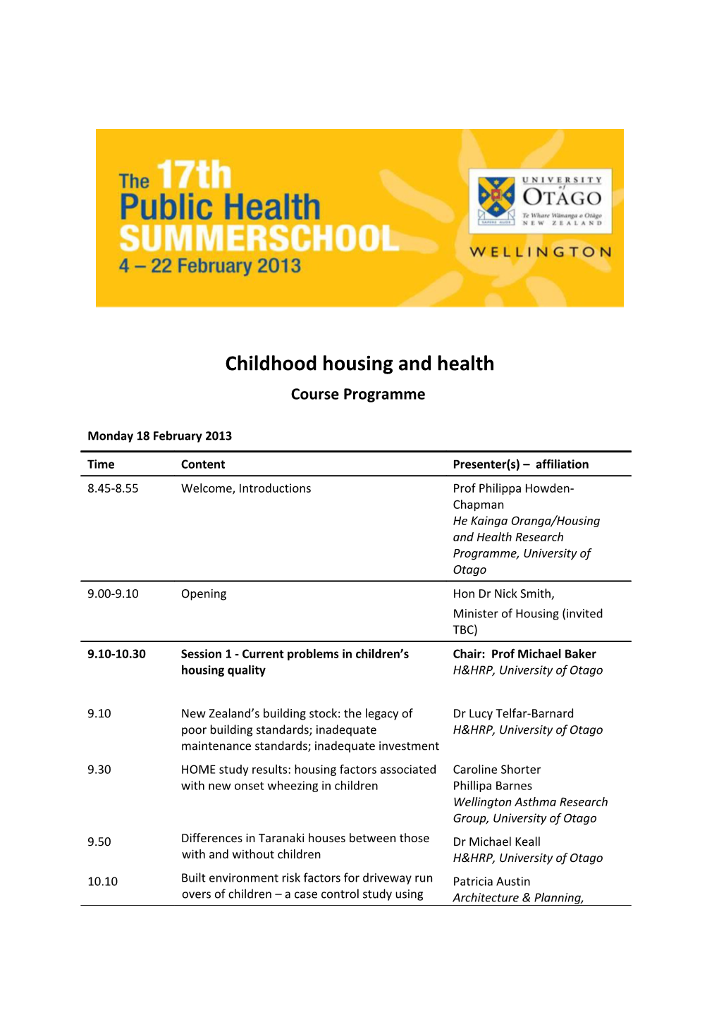 Childhood Housing and Health Course Programme 2 of 3