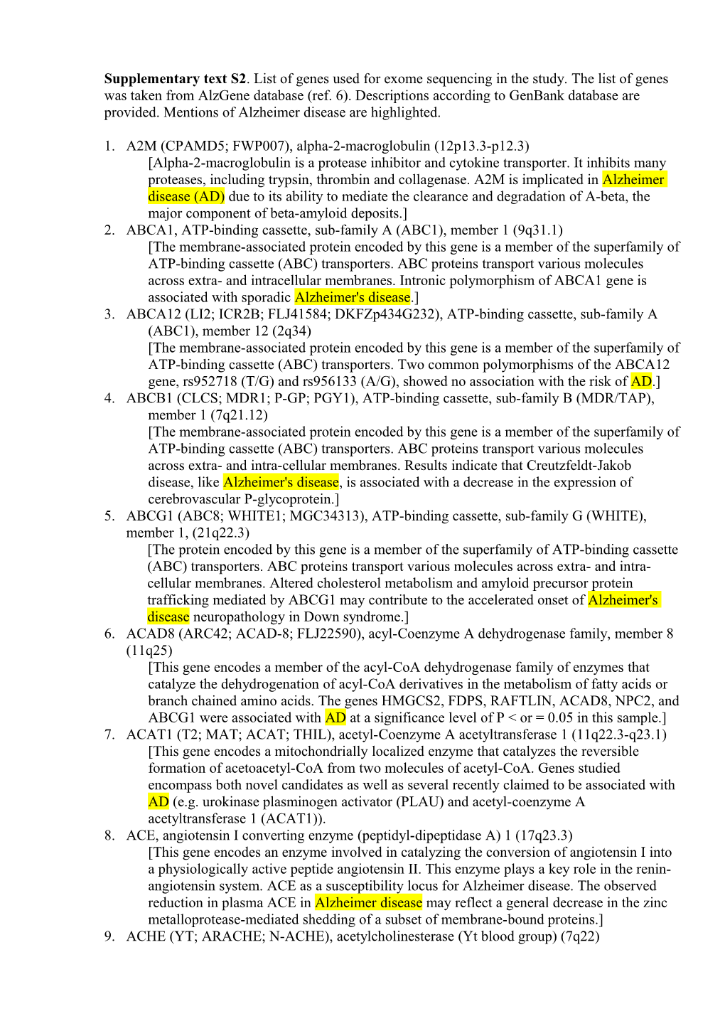 Supplementary Text S2 . List of Genes Used for Exome Sequencing in the Study. the List