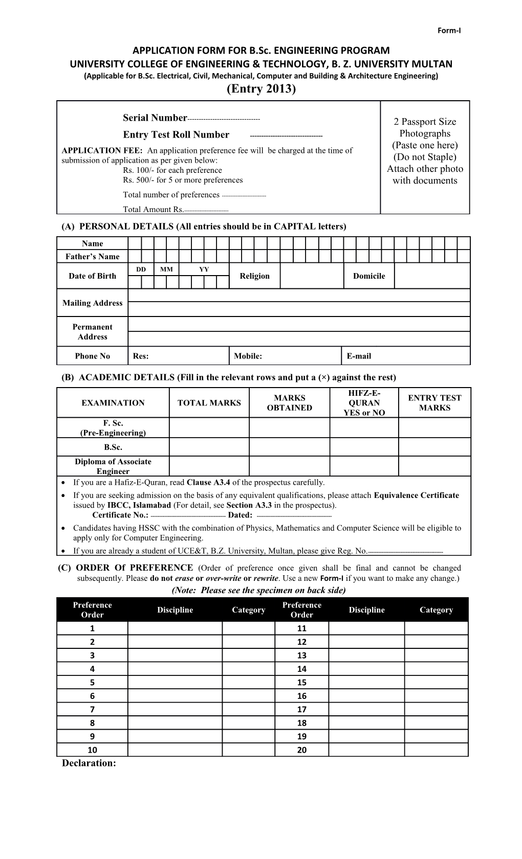 APPLICATION FORM for B.Sc. ENGINEERING PROGRAM