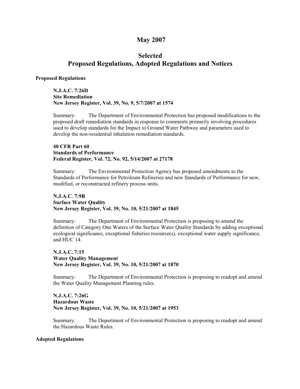 Proposed Regulations, Adopted Regulations and Notices