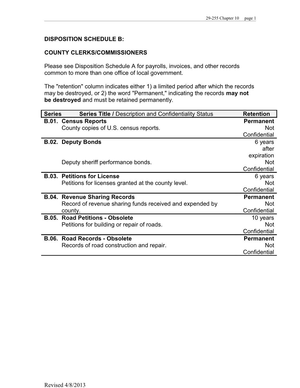 Disposition Schedule B