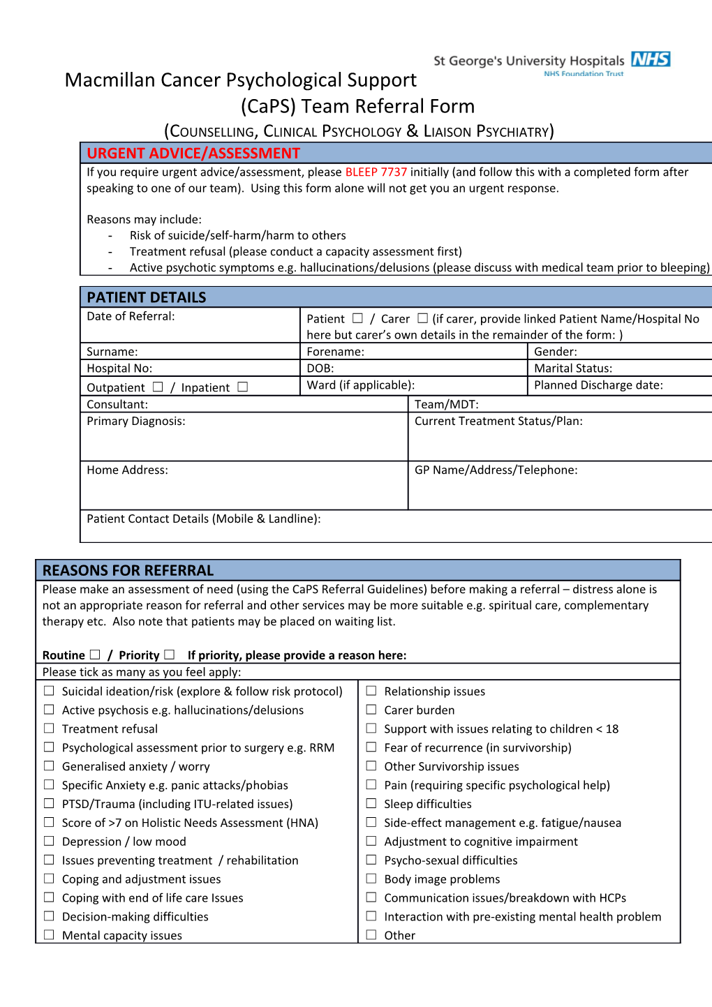 Macmillan Cancer Psychological Support (Caps) Team Referral Form