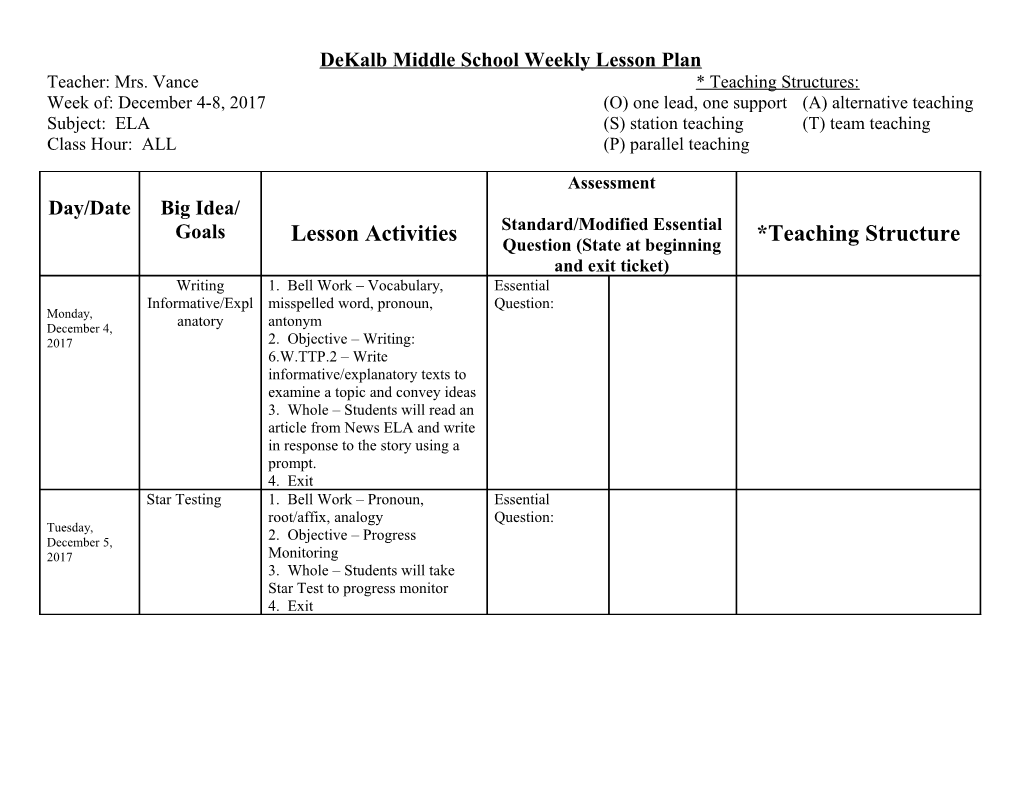 Dekalb Middle School Weekly Lesson Plan s15