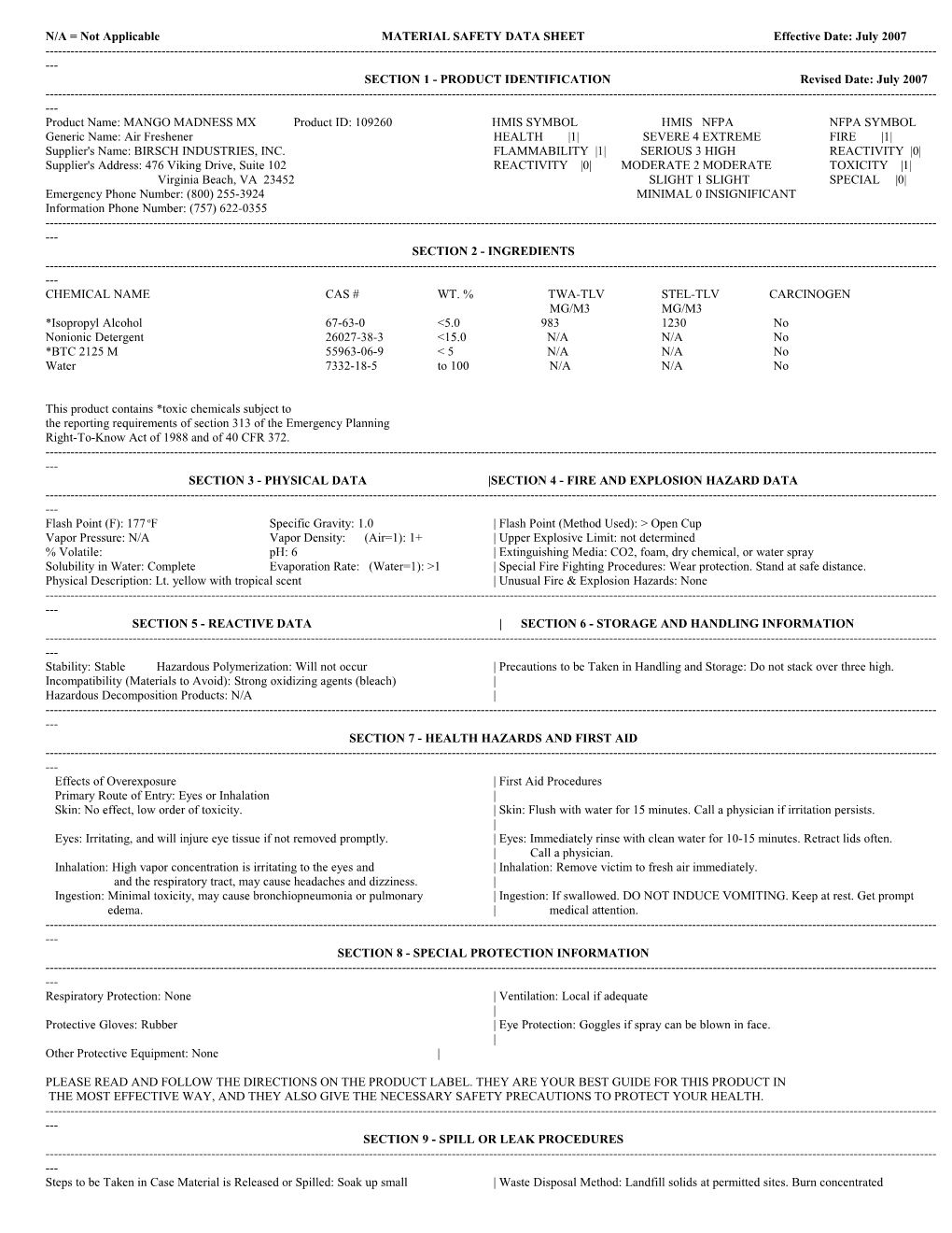 N/A = Not Applicable MATERIAL SAFETY DATA SHEET Effective Date: July 2007