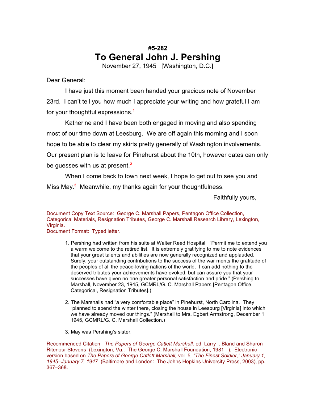 To General John J. Pershing