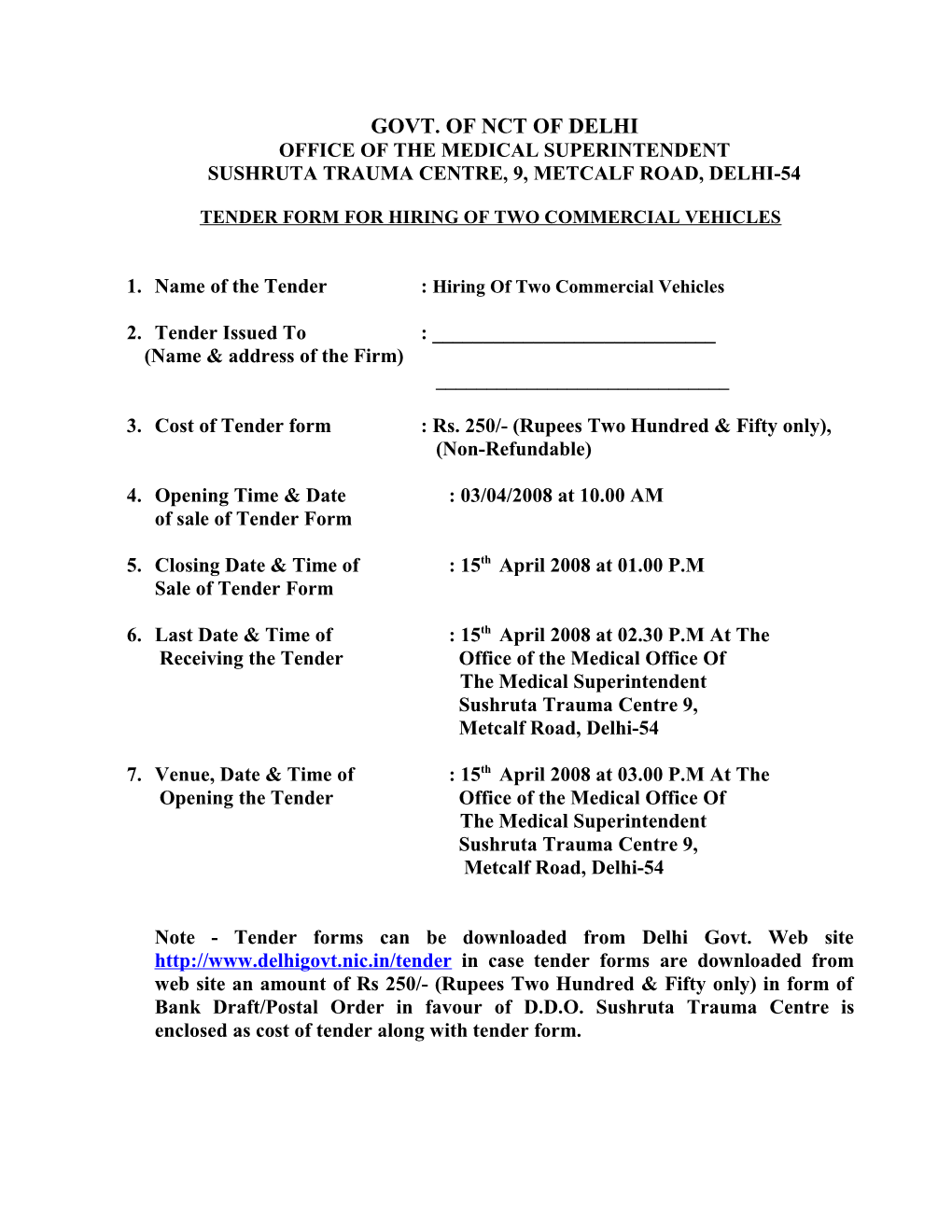 Terms and Conditions for Hiring of Commercial Vehicles for One Year from the Date of a Ward
